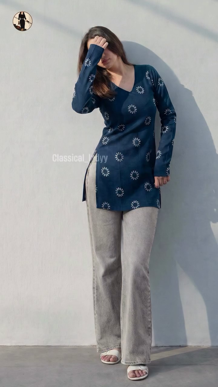 Maroon Printed Kurti with Denim Jeans