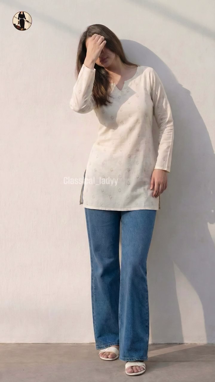 Maroon Printed Kurti with Denim Jeans