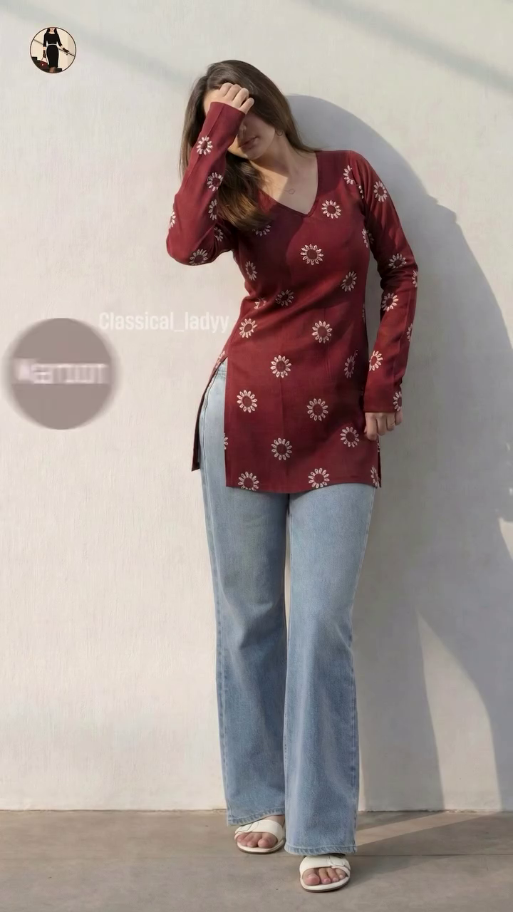 Maroon Printed Kurti with Denim Jeans