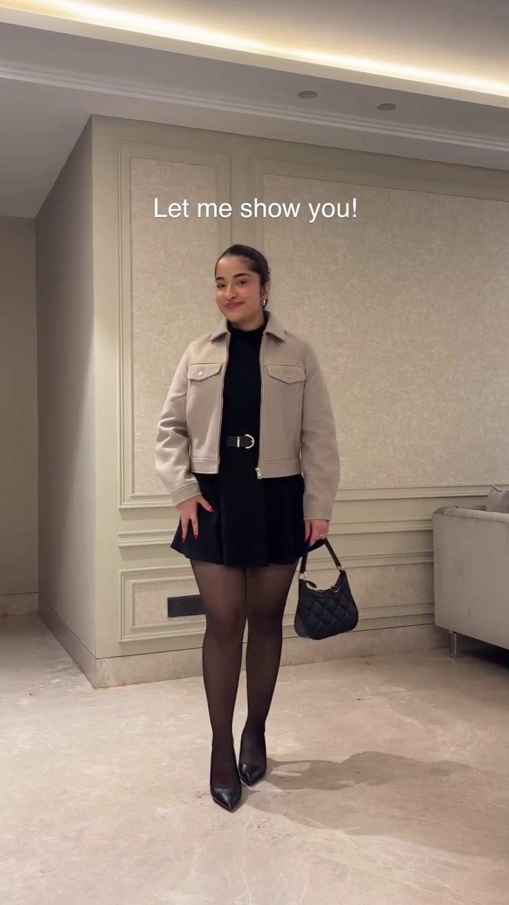 Black Mini Dress with Beige Jacket