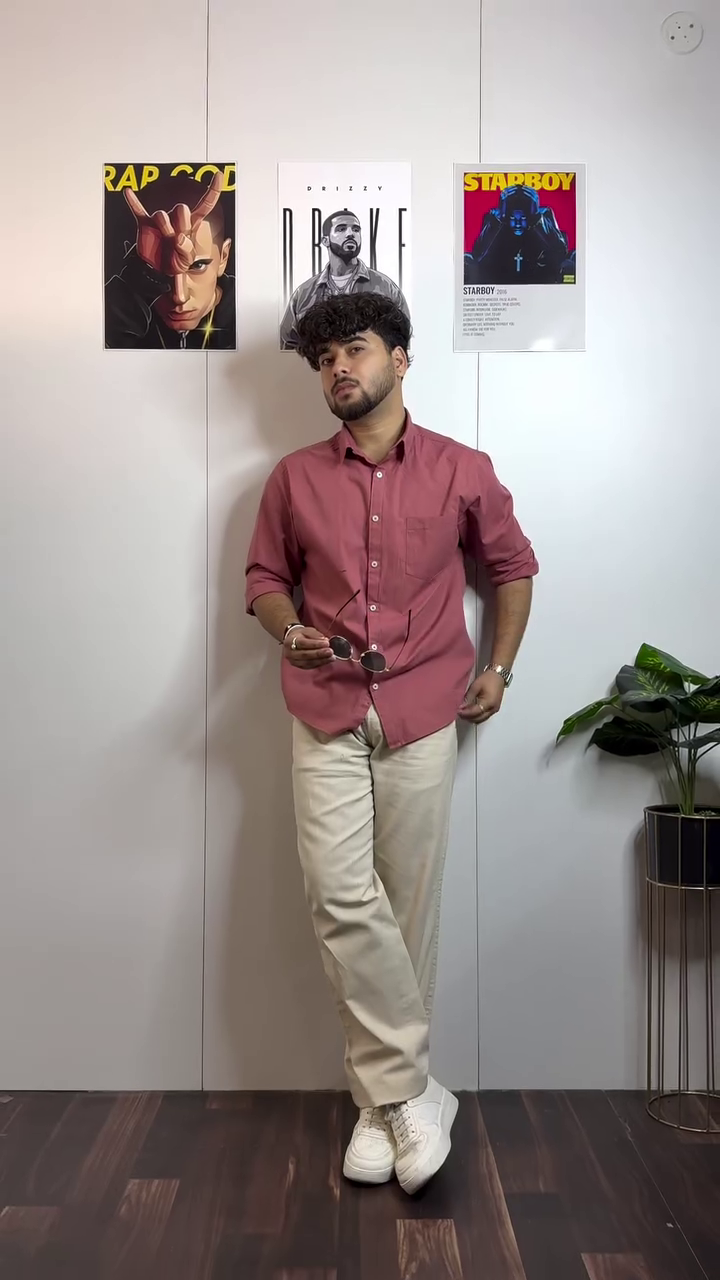 Maroon Shirt with Cream Trousers