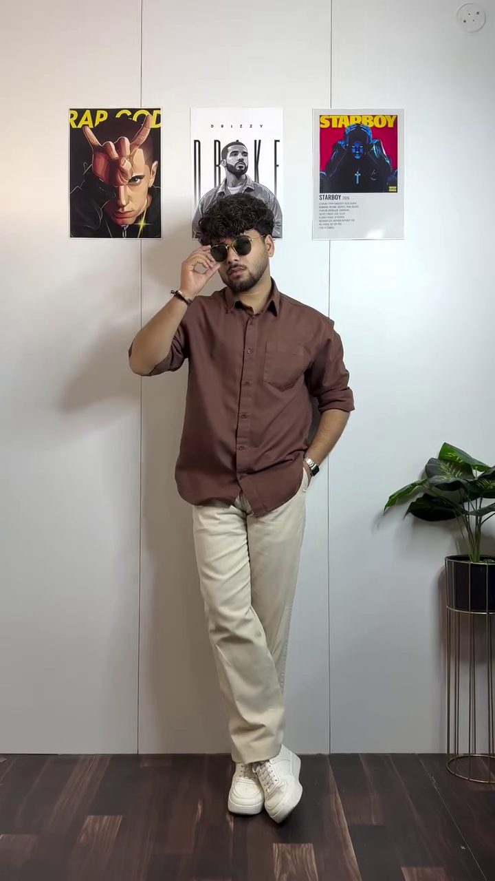 Maroon Shirt with Cream Trousers