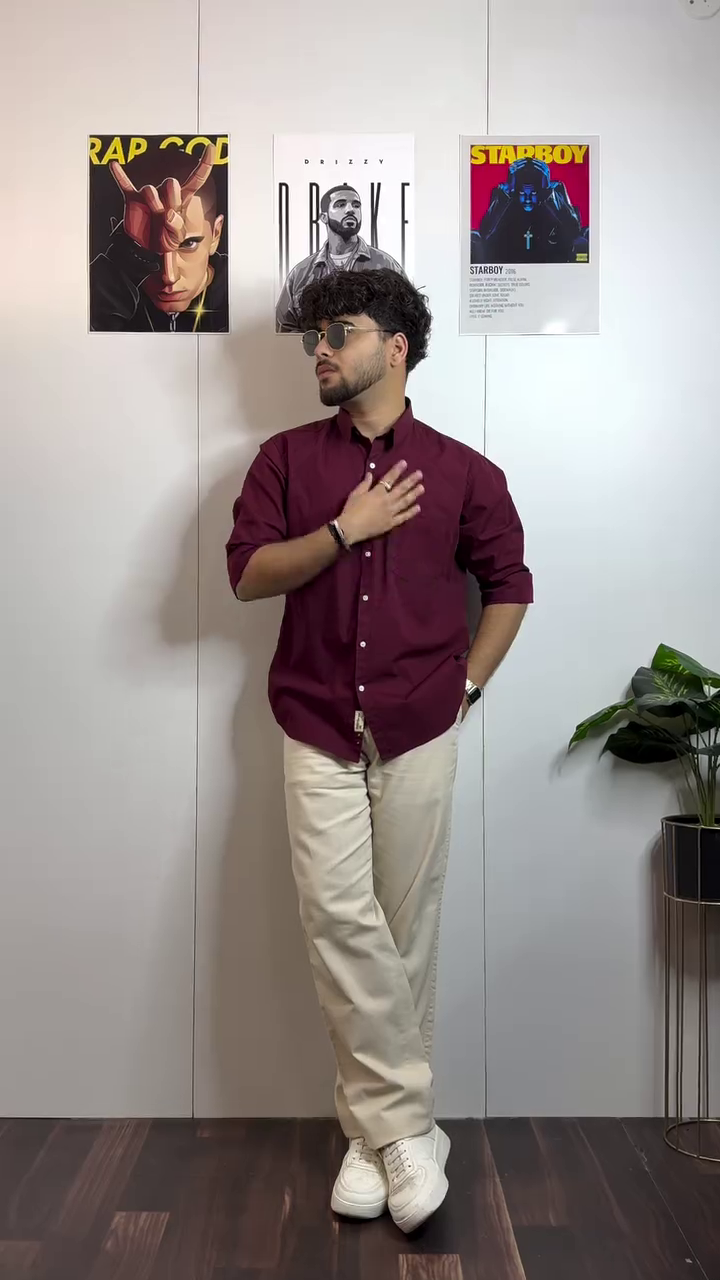 Maroon Shirt with Cream Trousers
