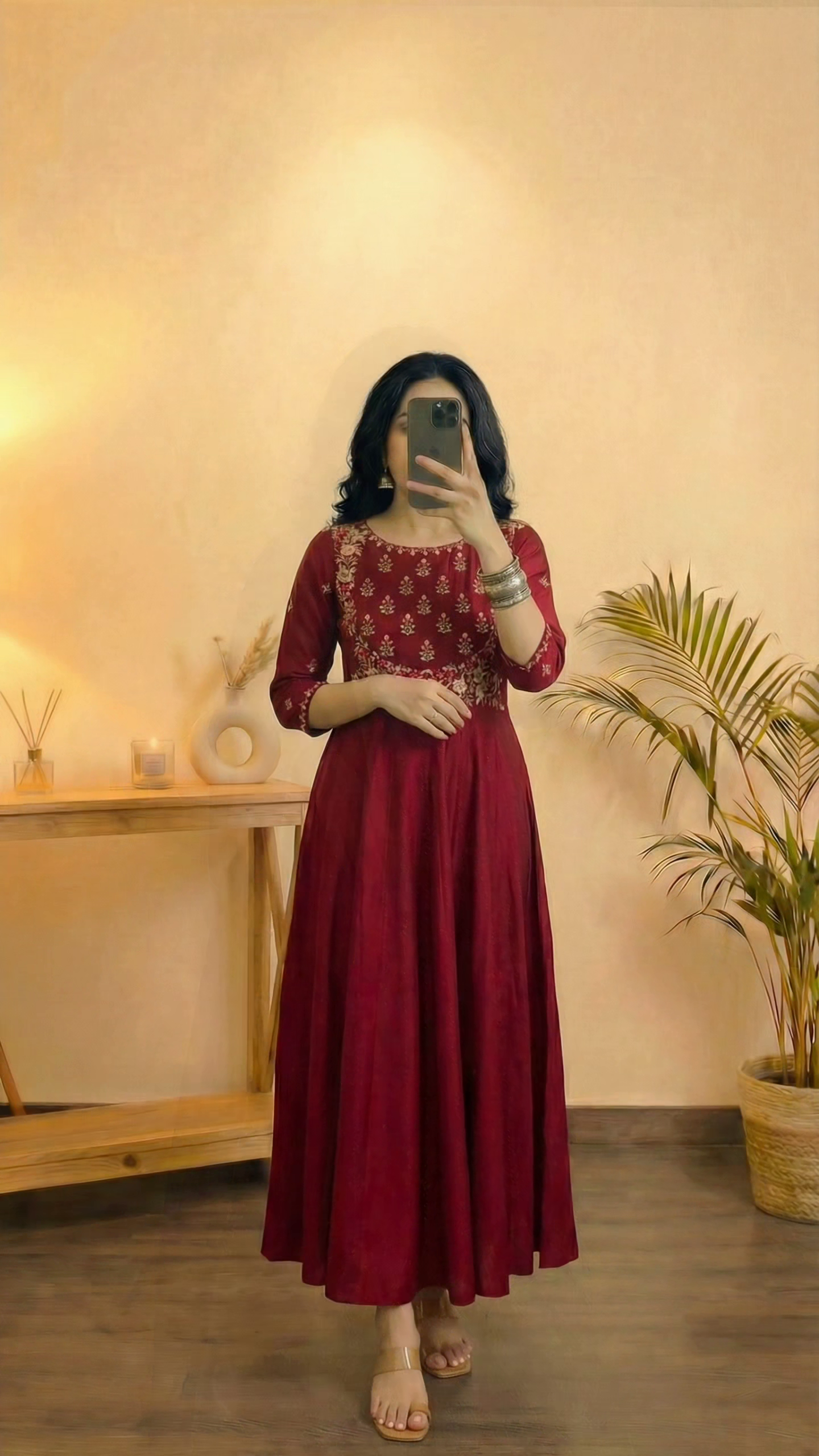 Maroon Embroidered Ethnic Maxi Dress