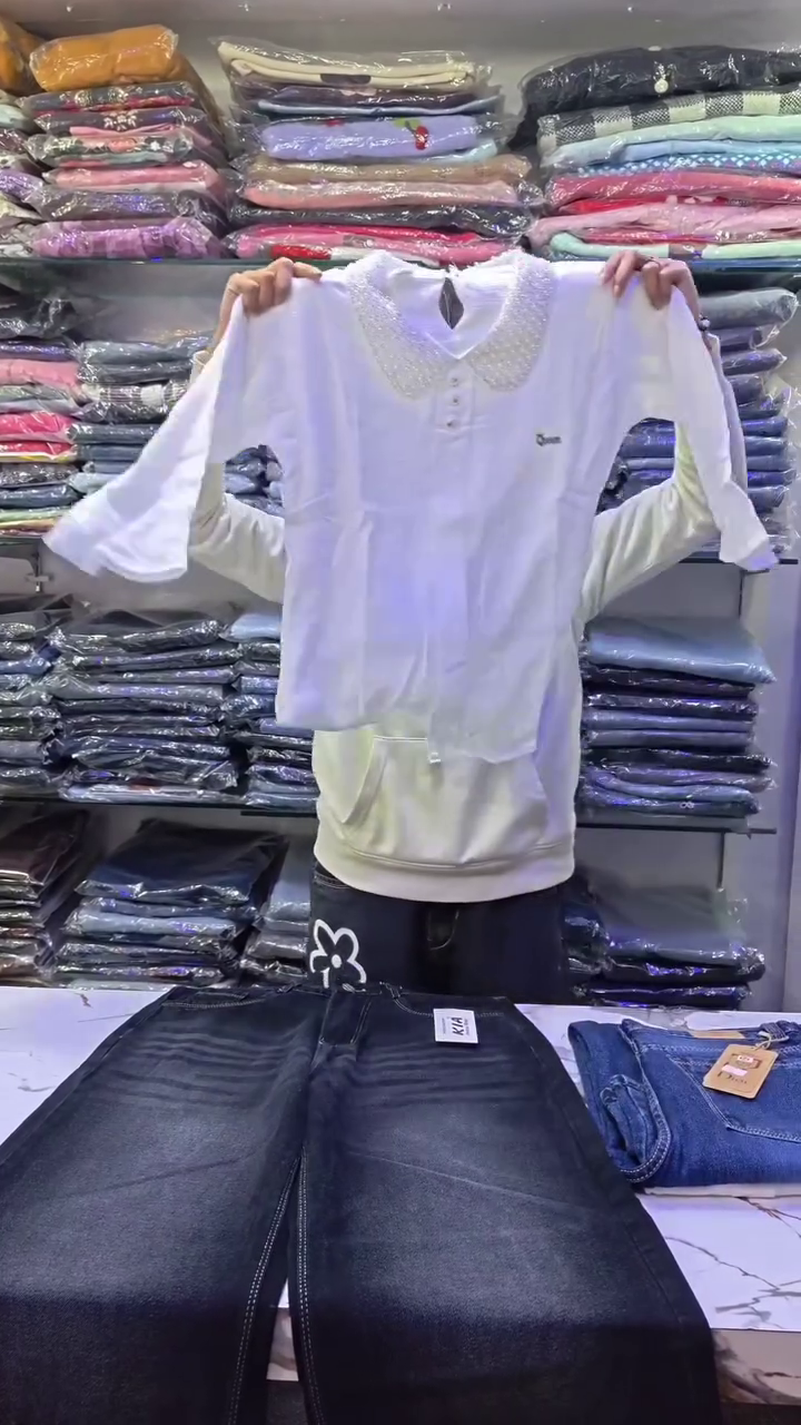 White Embroidered Top & Denim Skirt Set