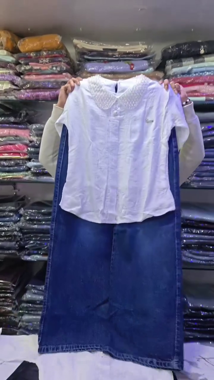 White Embroidered Top & Denim Skirt Set