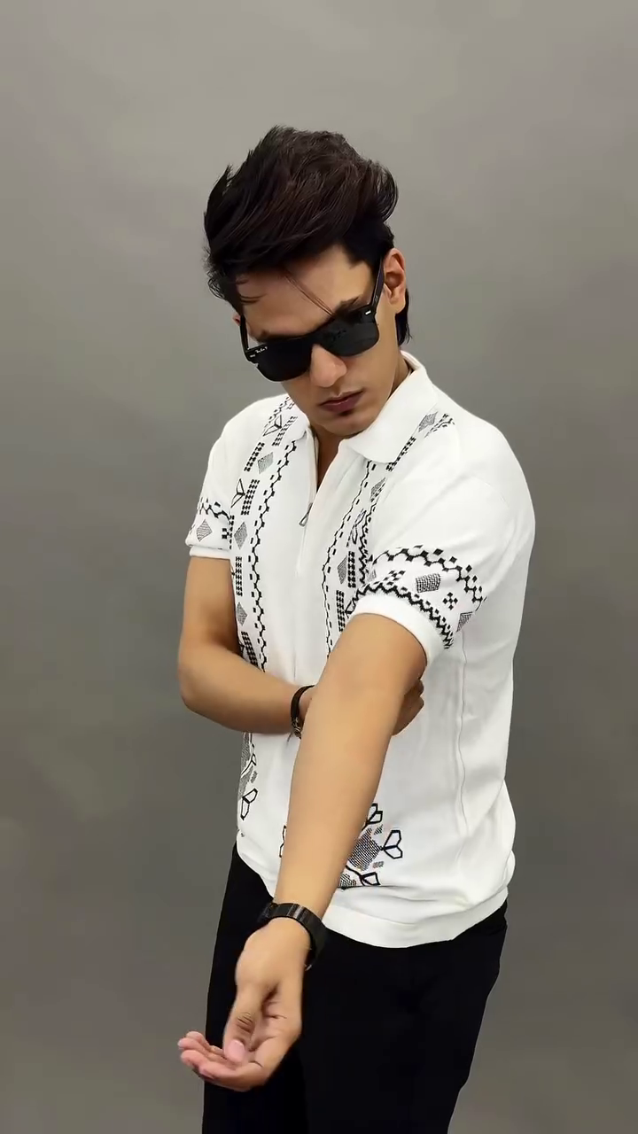 Black Tribal Embroidered Zip Polo Shirt