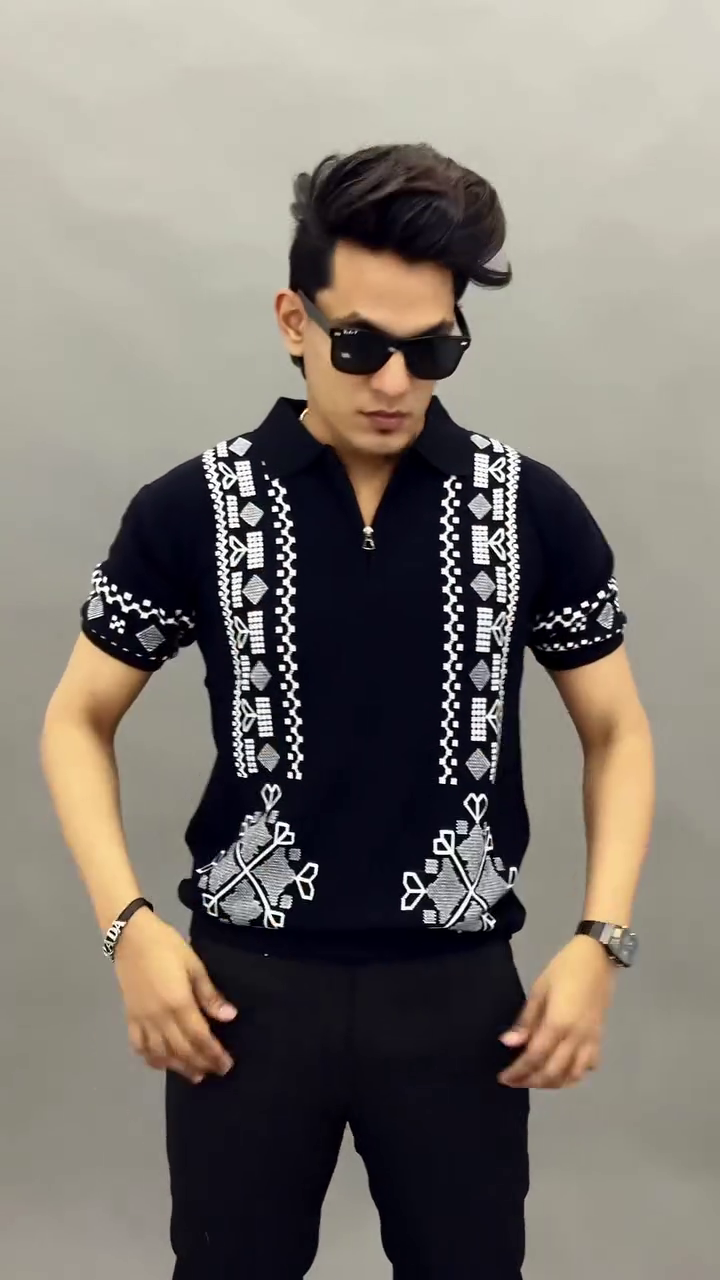 Black Tribal Embroidered Zip Polo Shirt