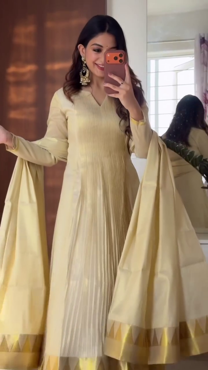 Soft Beige Pleated Ethnic Dress