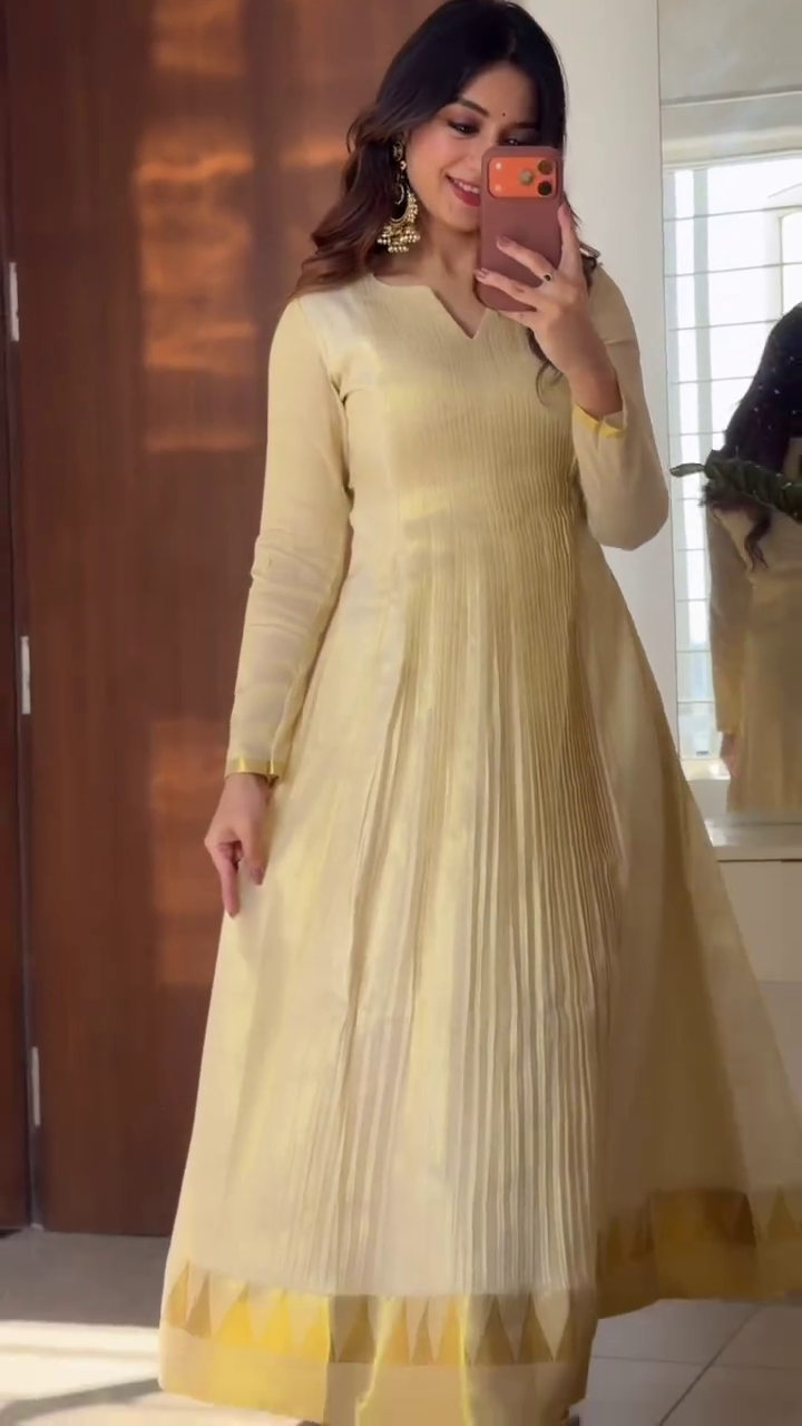 Soft Beige Pleated Ethnic Dress