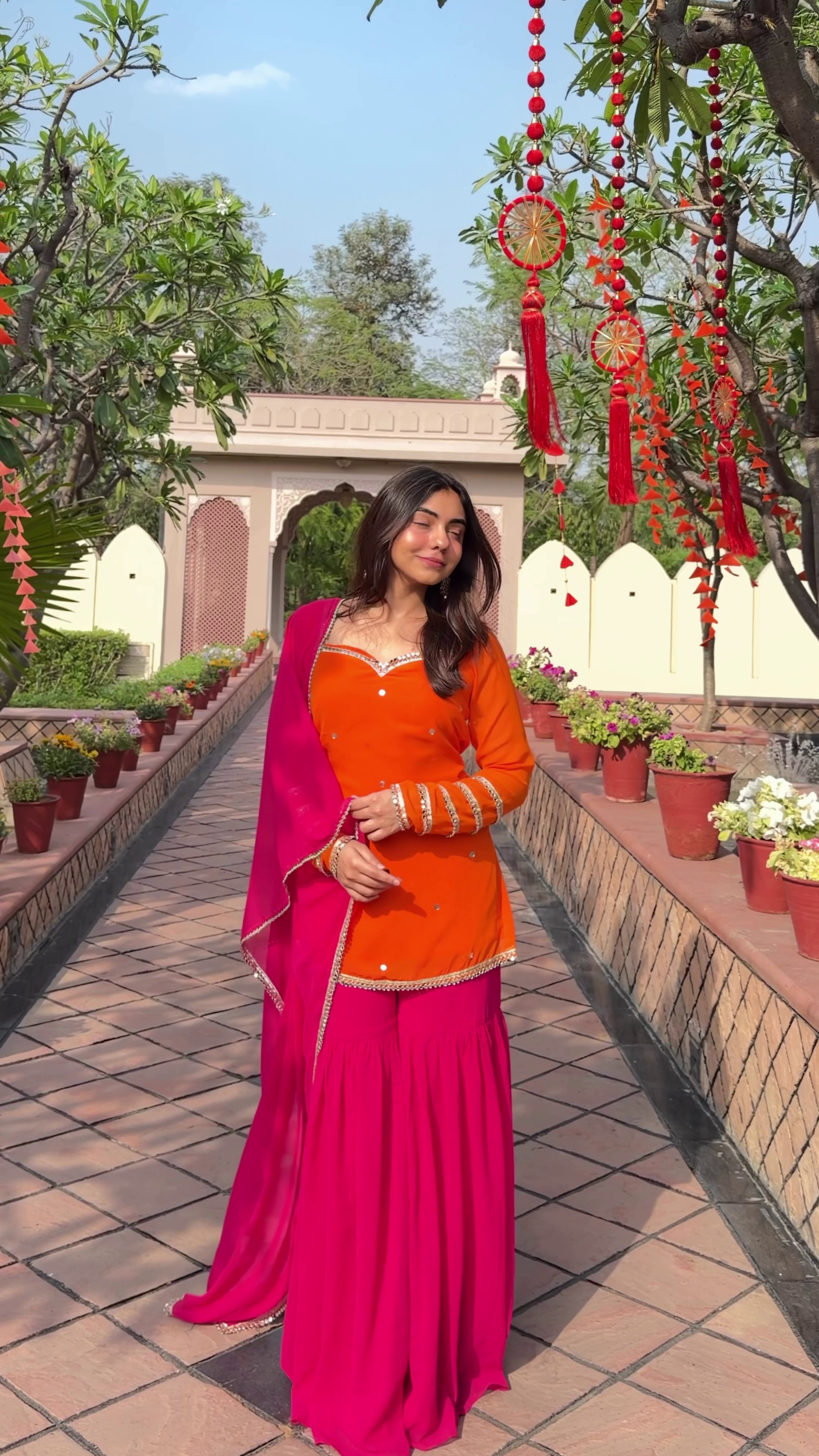 Vibrant Pink Orange Festive Sharara Set
