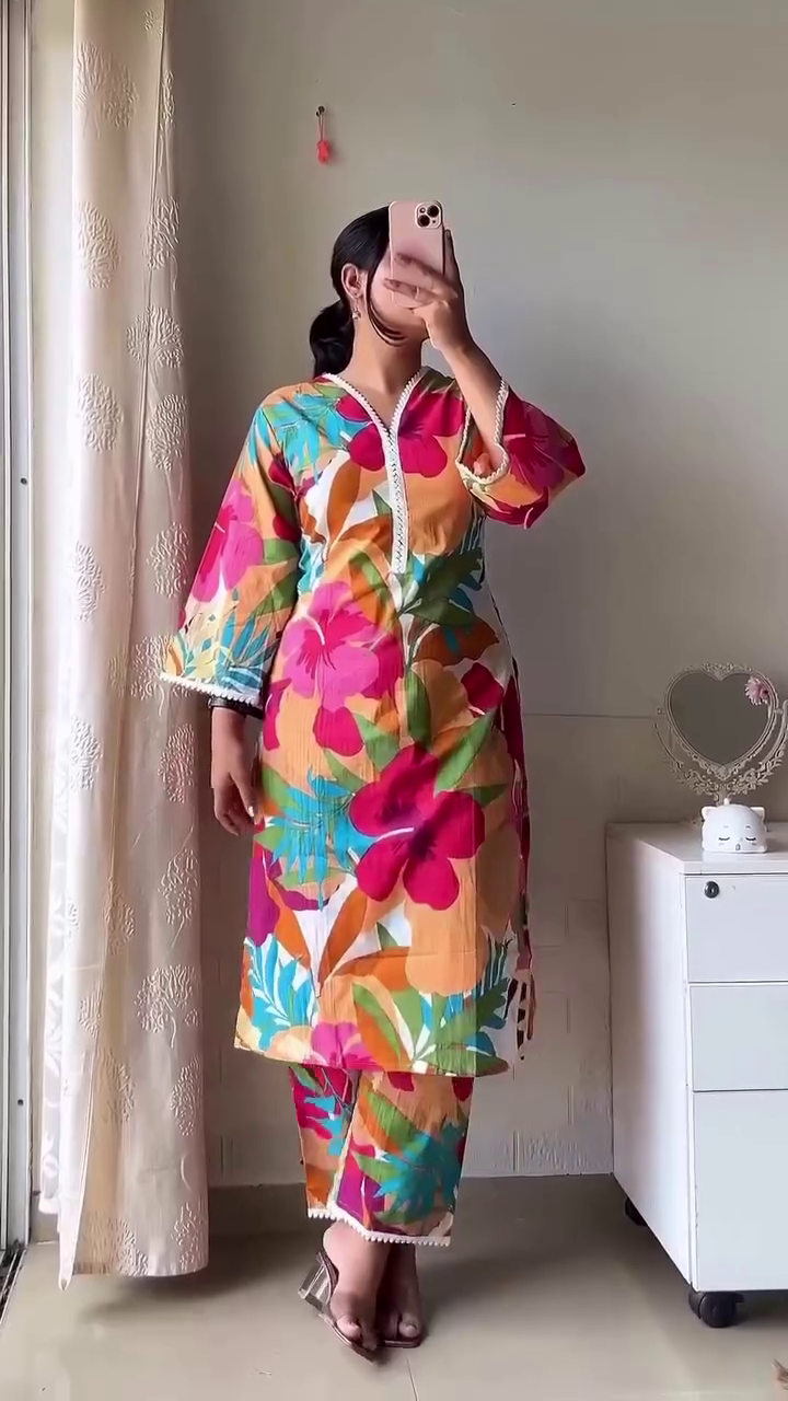 Navy Blue Floral Kurta Set