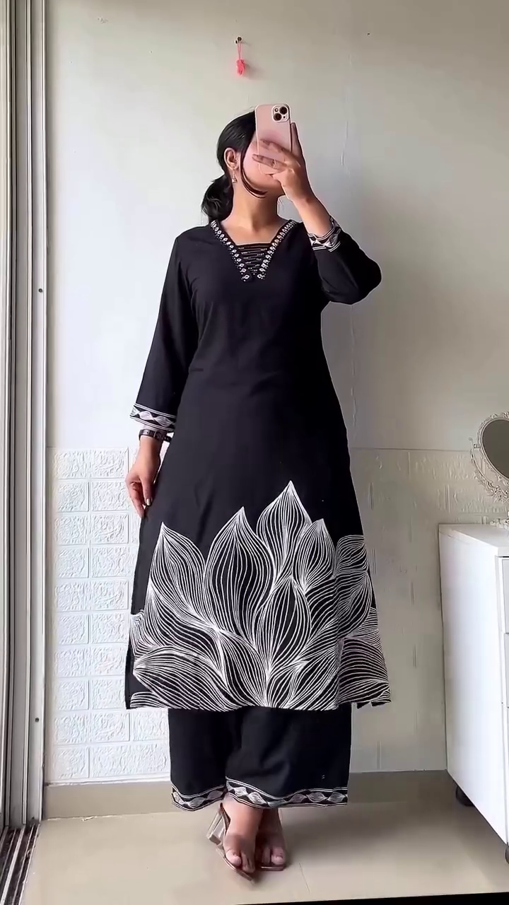 Navy Blue Floral Kurta Set