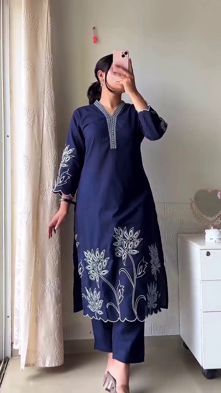 Navy Blue Floral Kurta Set