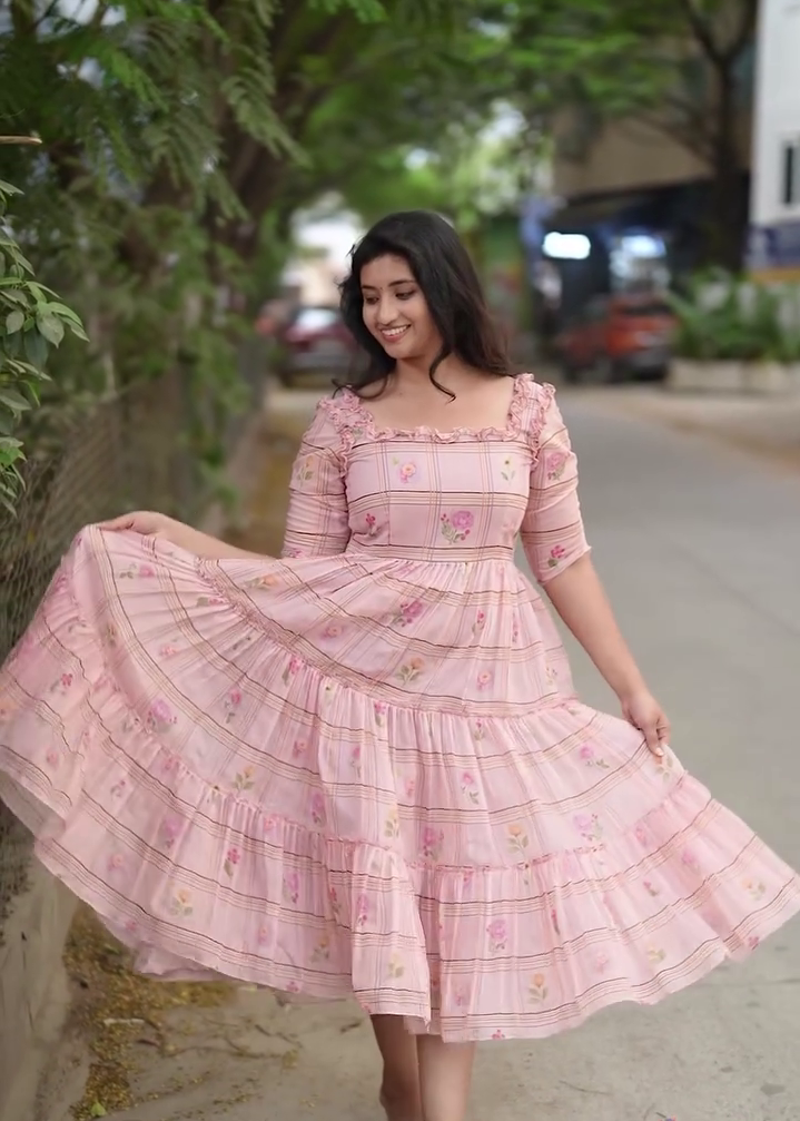 Baby Rose Checks Printed Mul Chanderi Dress – Women’s 3-Layer Summer Dress for Breezy Elegant Style