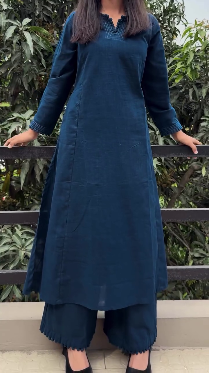 Women’s Navy Blue Cotton Silk Kurta Set – Ethnic Traditional Desi Outfit with Embroidered V-Neck Style