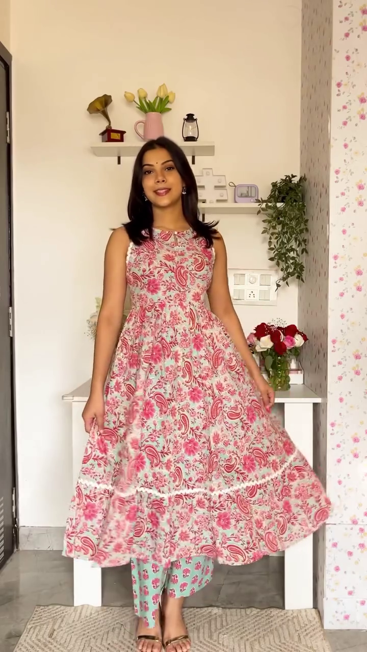Pink Floral Printed Anarkali Set