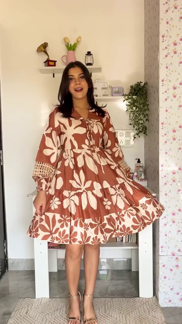 Brown Floral Tiered Mini Dress