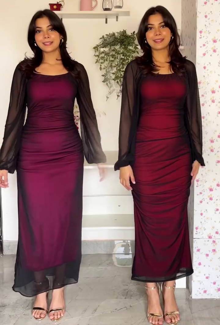 Burgundy Mesh Bodycon Dress