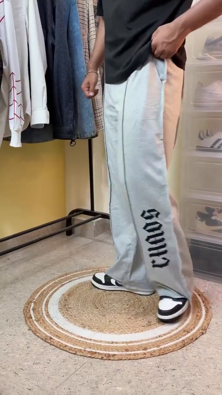 Grey Gothic Print Wide Leg Track Pants