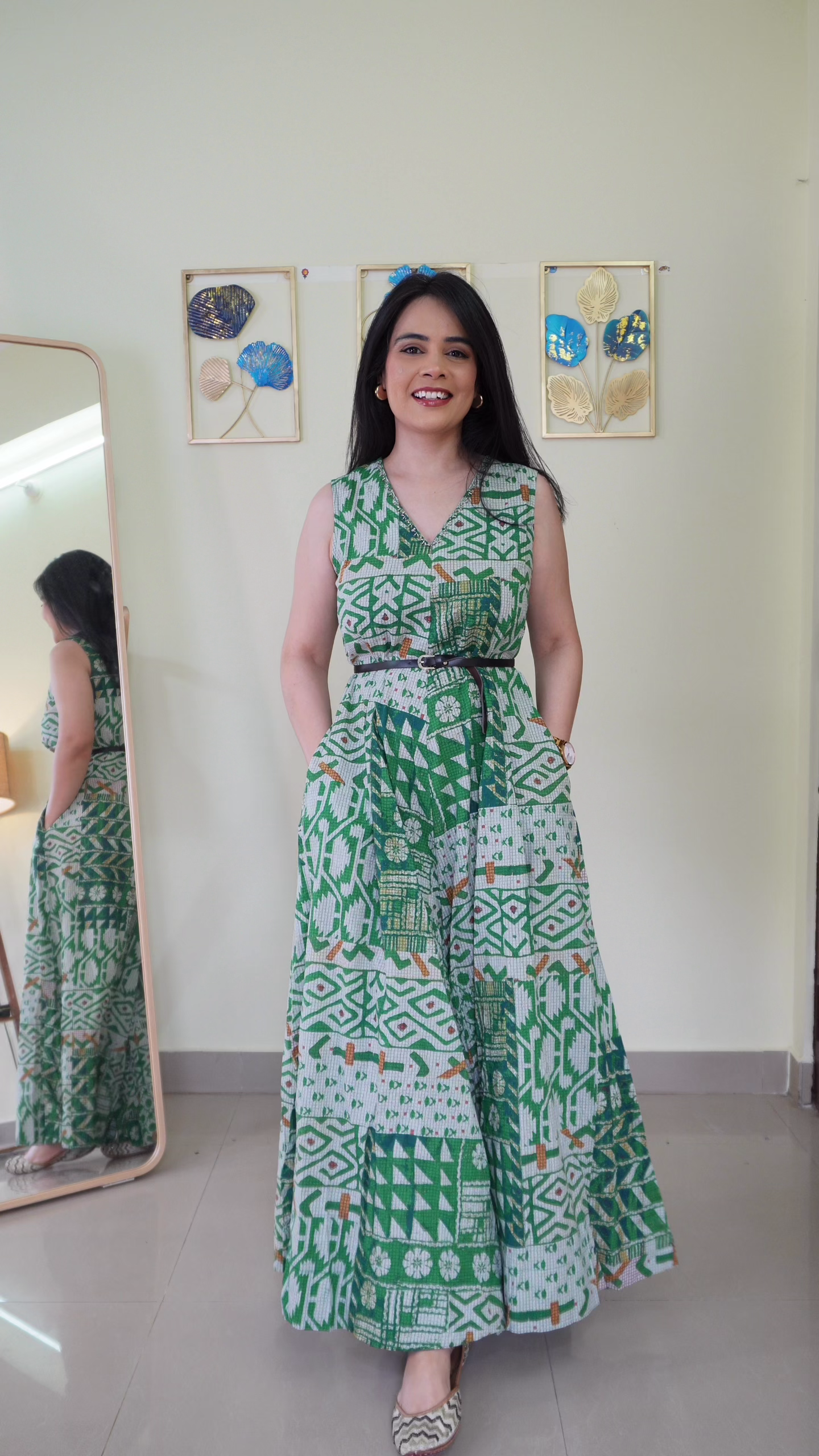 Green Printed Sleeveless Maxi Dress