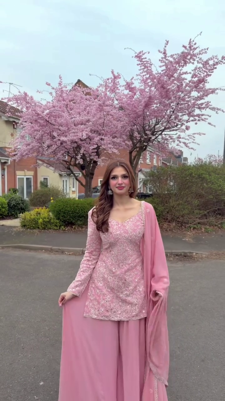 Women's Pink Embroidered Palazzo Suit Set with Dupatta