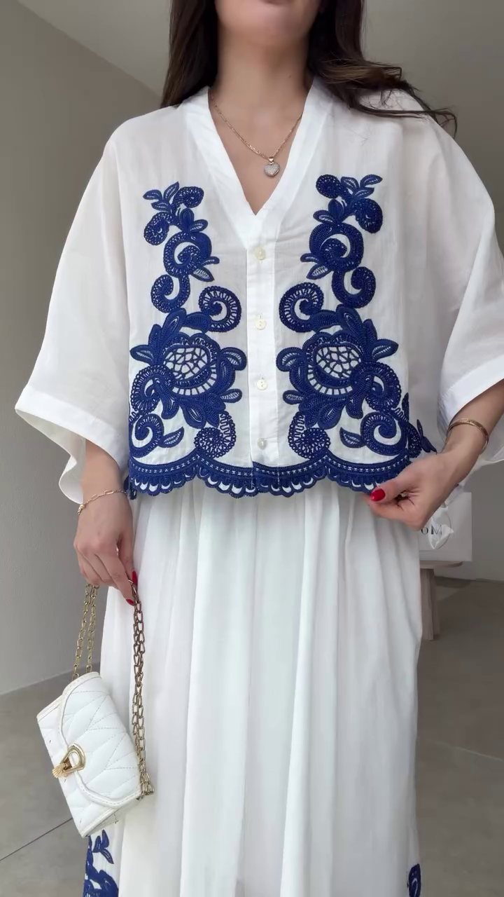 Women's White & Blue Embroidered Co-Ord Set