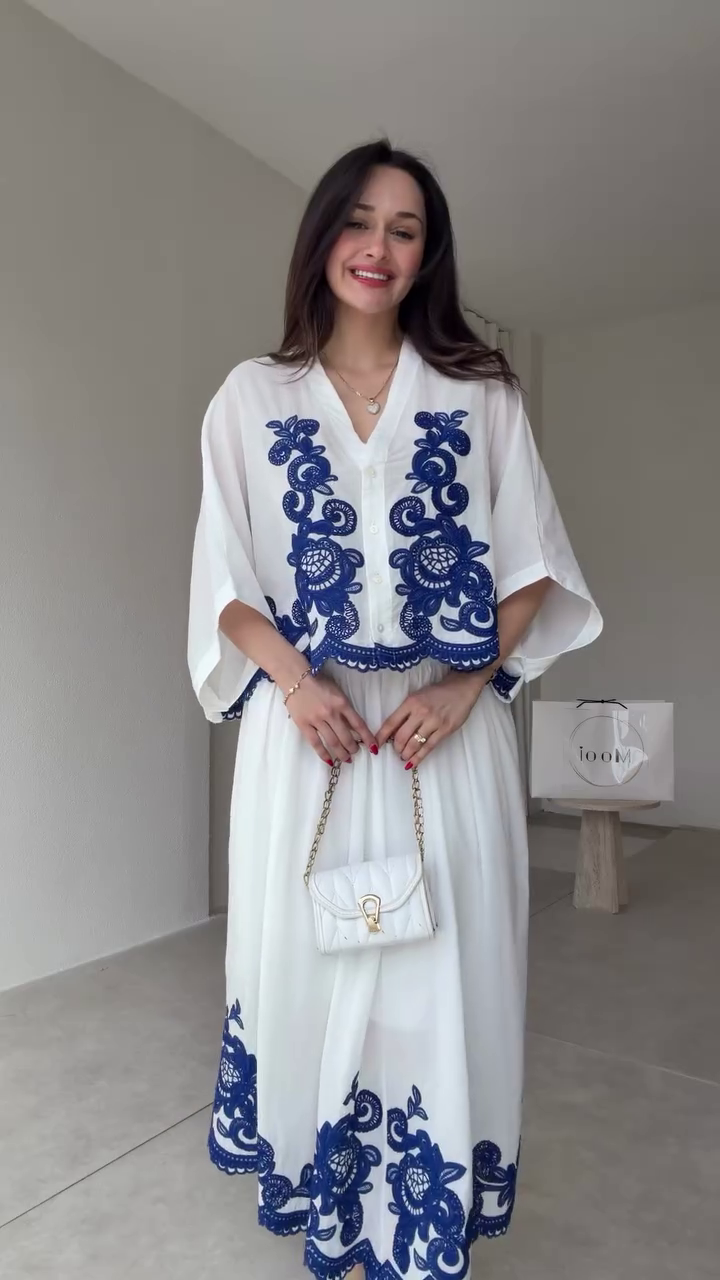 Women's White & Blue Embroidered Co-Ord Set