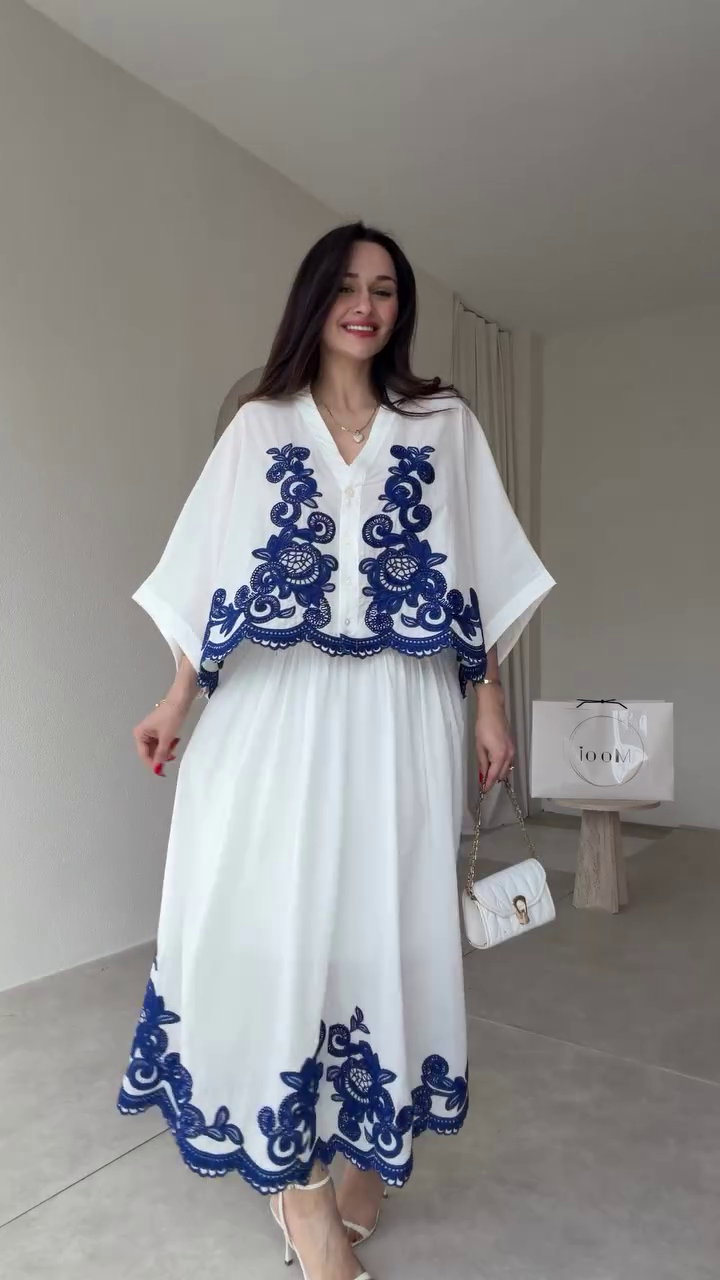 Women's White & Blue Embroidered Co-Ord Set