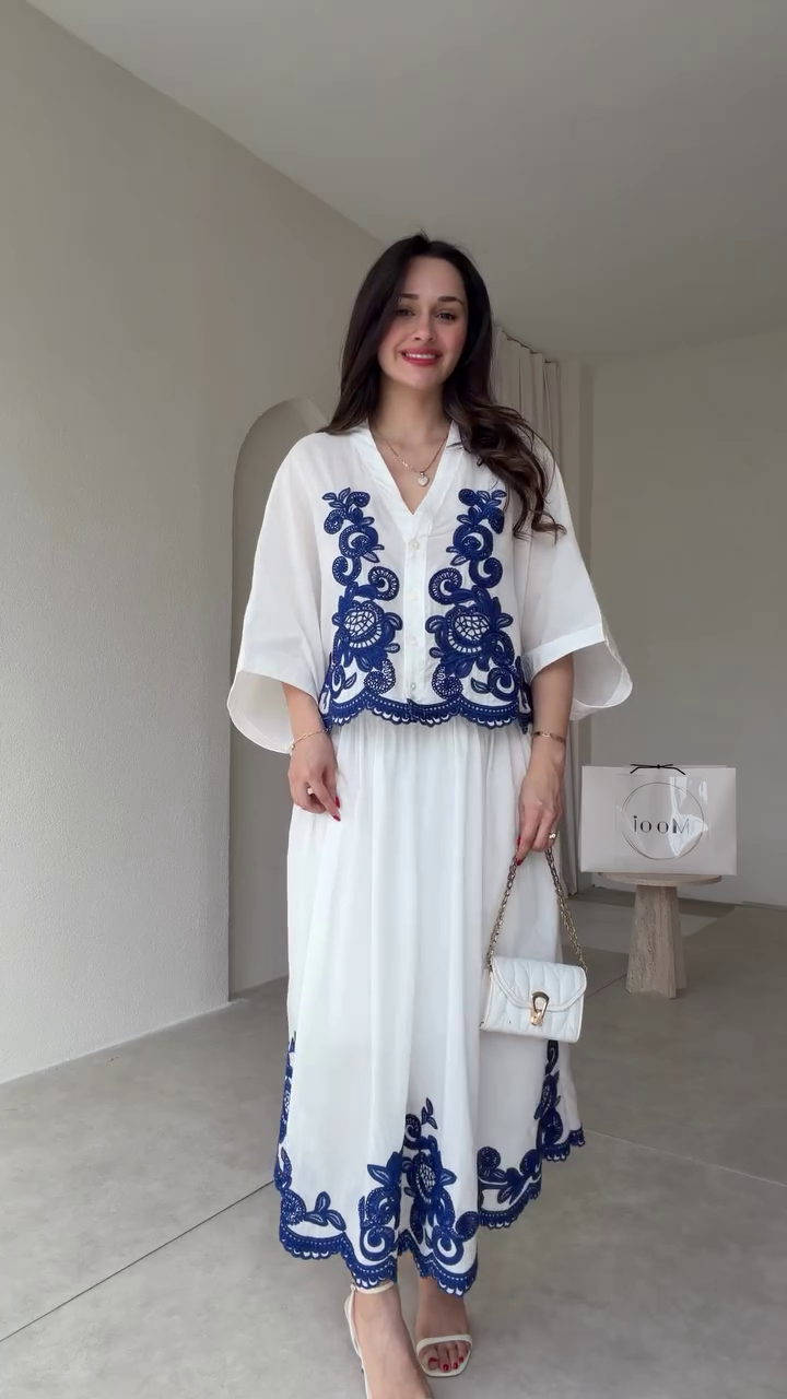 Women's White & Blue Embroidered Co-Ord Set